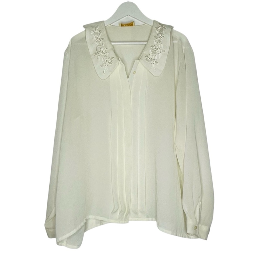 Vintage Voir Collection pleated embroidered floral cream secretary blouse SZ 44
